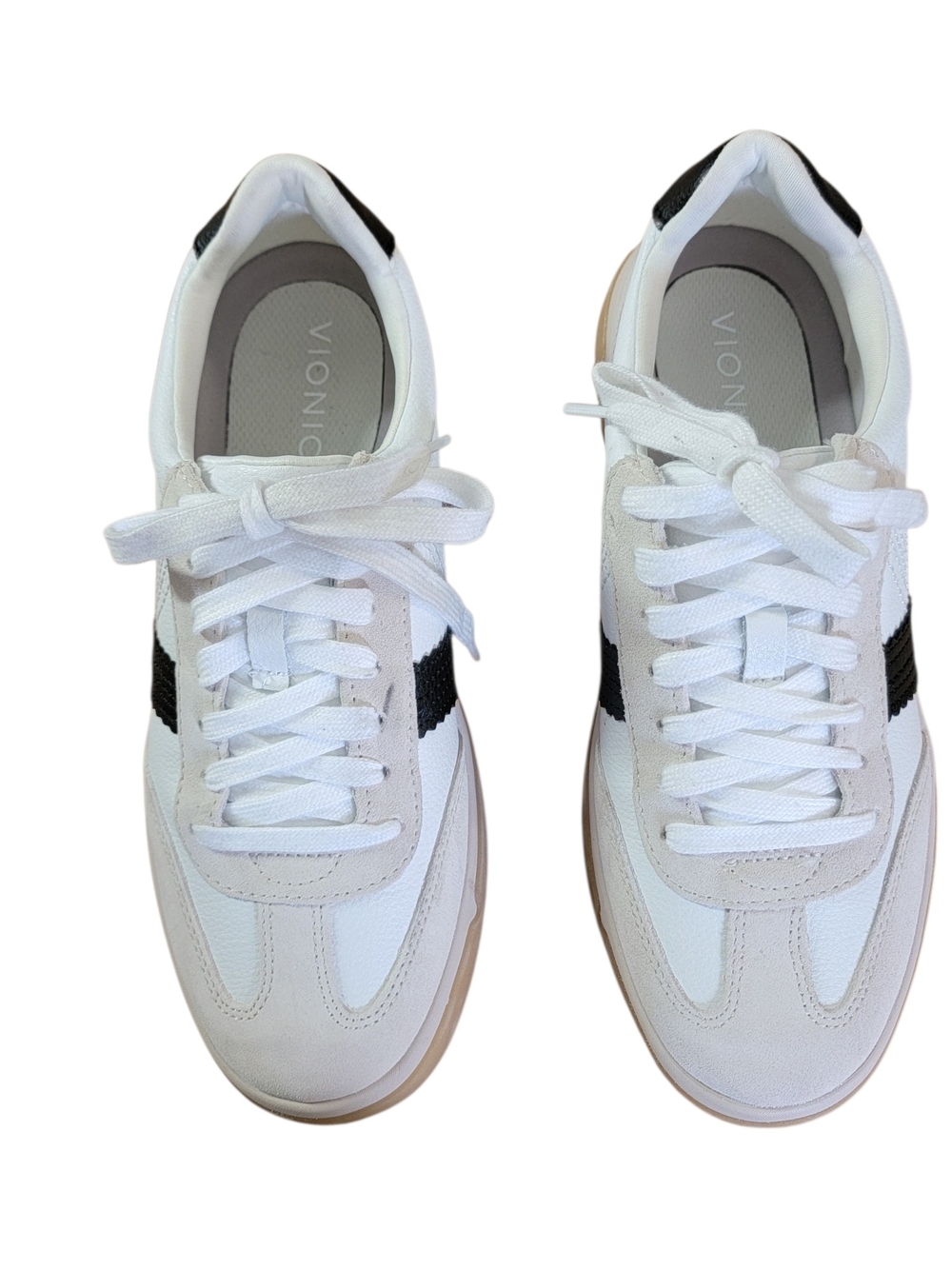 Vionic City Walk White Leather Athletic Sneaker with Black Stripe and Gum Sole - Picture 2 of 11